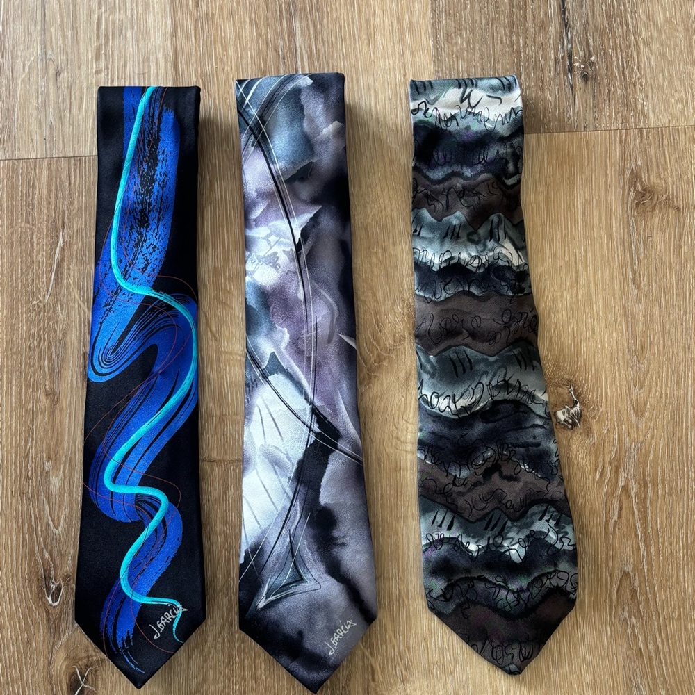 Curated Stylish J. Garcia Men's Ties- set of 3. Blue, Black, Gray